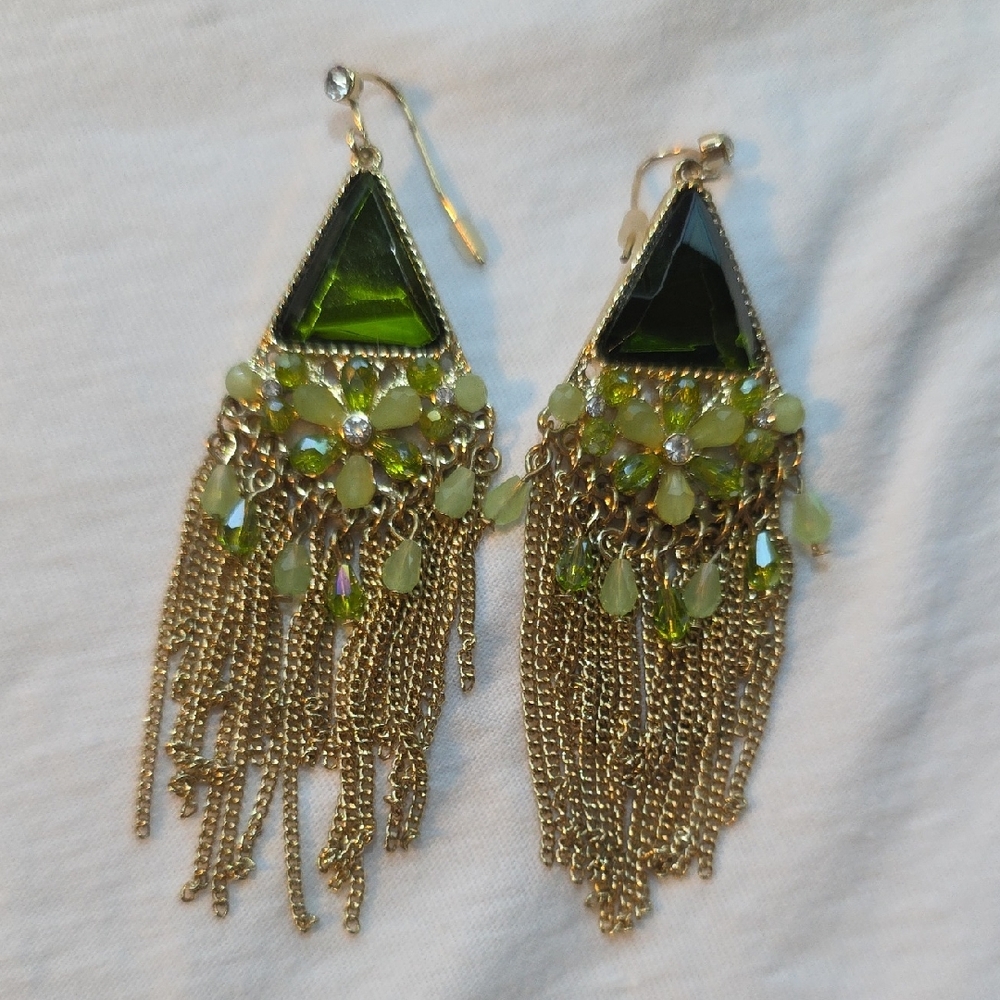 Elegant Green and Gold Chandelier Earrings